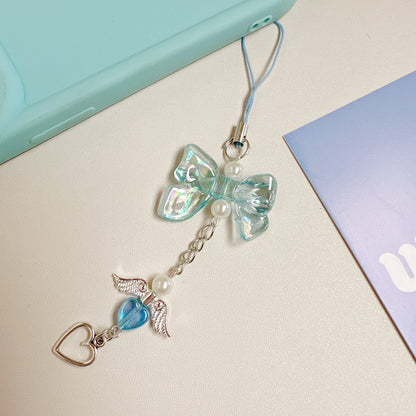 Acrylic Angel Wing Phone Charm Pastel Bow Pendant 4pcs 13cm 7