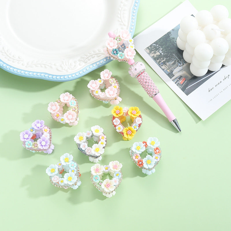 Heart Acrylic Beads 3D Flower Design Rhinestone Embellished 10pcs 2