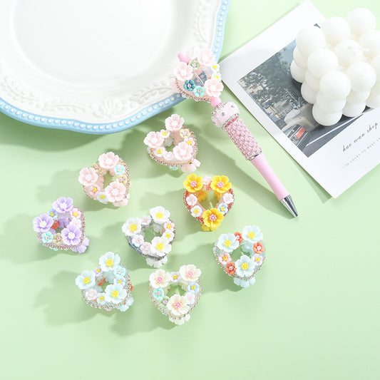 Heart Acrylic Beads 3D Flower Design Rhinestone Embellished 10pcs 2