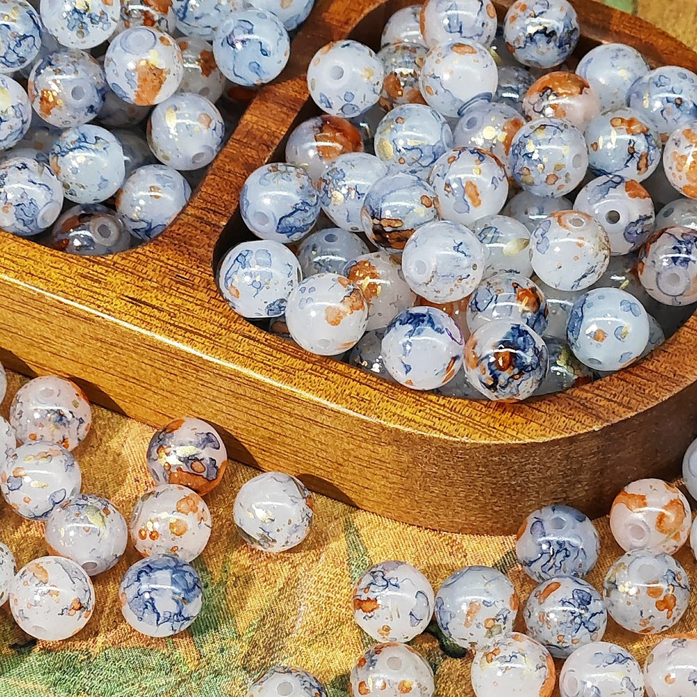 Frosted Round Glass Beads 8mm Marbled Soft Matte Gold Veining 50pcs 19