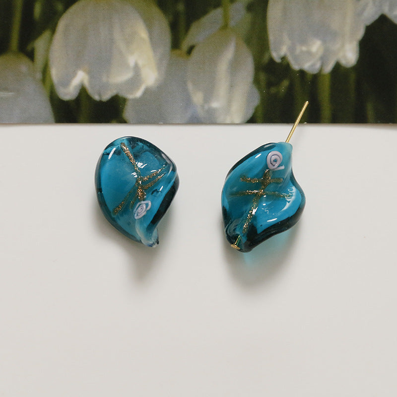 Lampwork Glass Beads Leaf 22mm Handmade Distressed Curled 4pcs 10