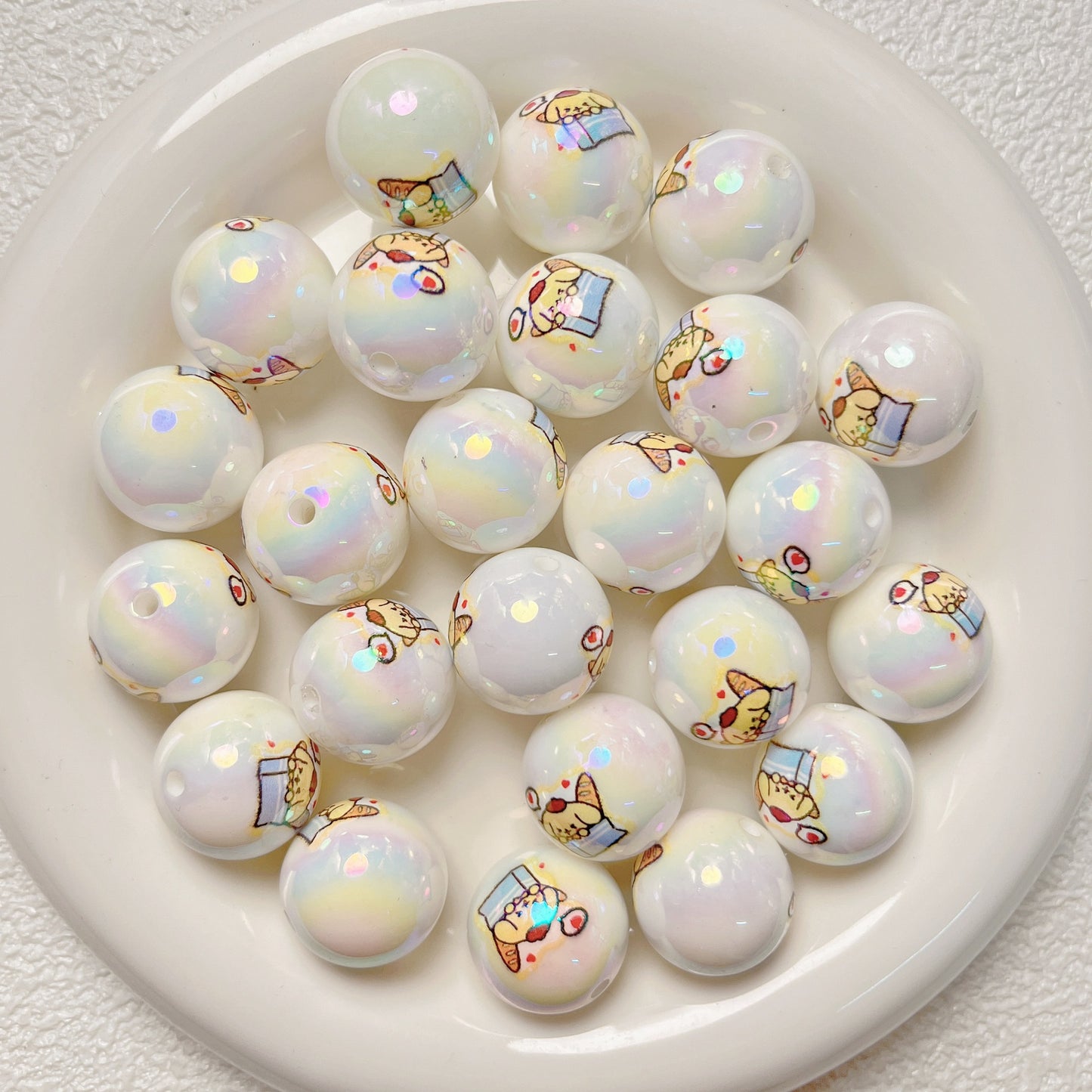 Plated Bubblegum Beads 19mm White Iridescent Sanri Character Prints 5pcs 8