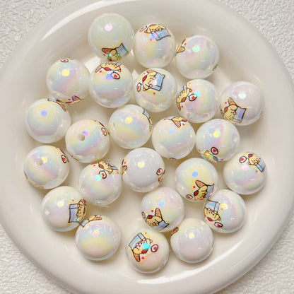 Plated Bubblegum Beads 19mm White Iridescent Sanri Character Prints 5pcs 8