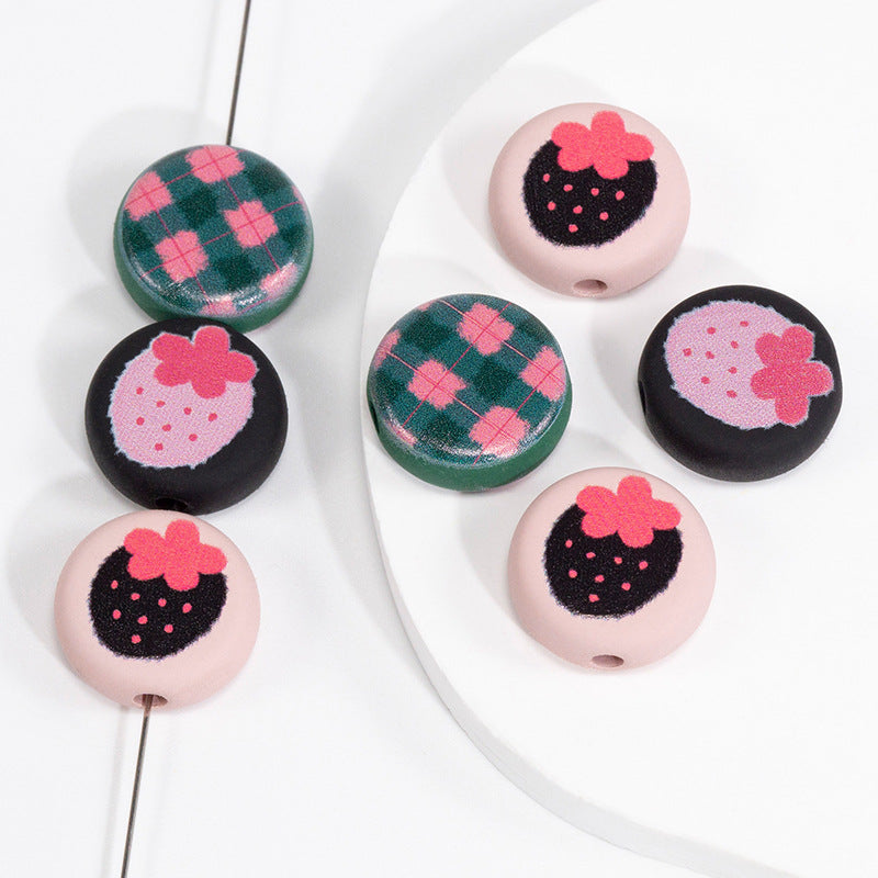 Flat Acrylic Beads 17mm Black Pink Strawberry Printed 20pcs