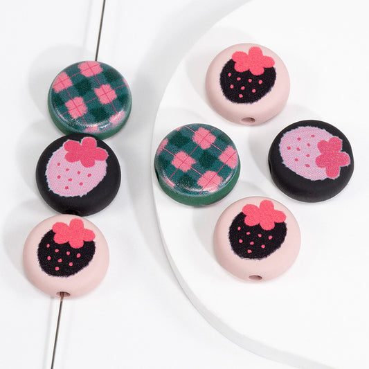 Flat Acrylic Beads 17mm Black Pink Strawberry Printed 20pcs