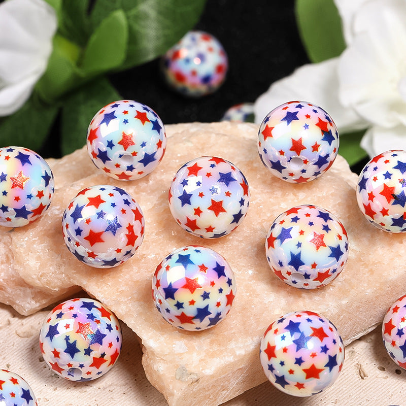 Plating Star Acrylic Beads 16mm UV Independence Day Printed 50pcs