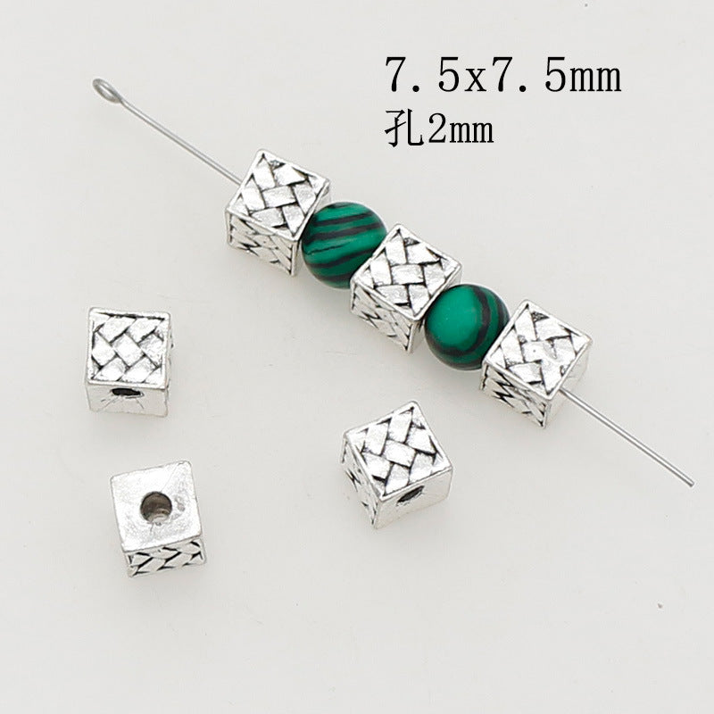 Square Metal Beads 7.5mm Woven Pattern Antique Silver Tone 1pc 2