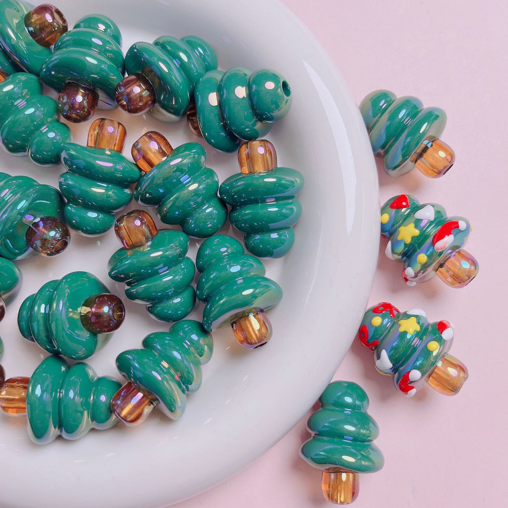Hand Painted Christmas Tree Acrylic Beads 20-28mm Bright Green 5pcs