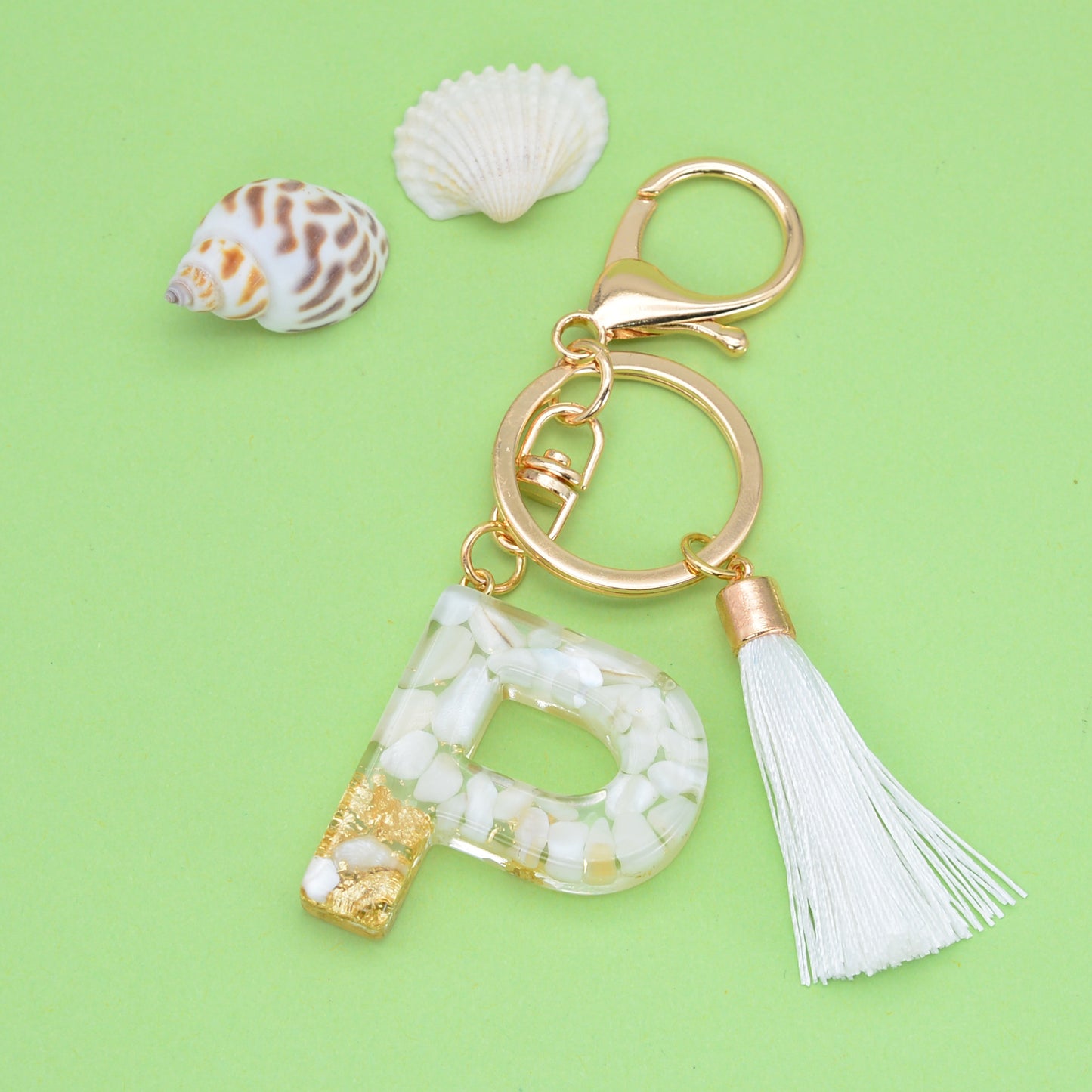 Tassel Letter A Keychain Resin Gold Flakes White Tassel 45
