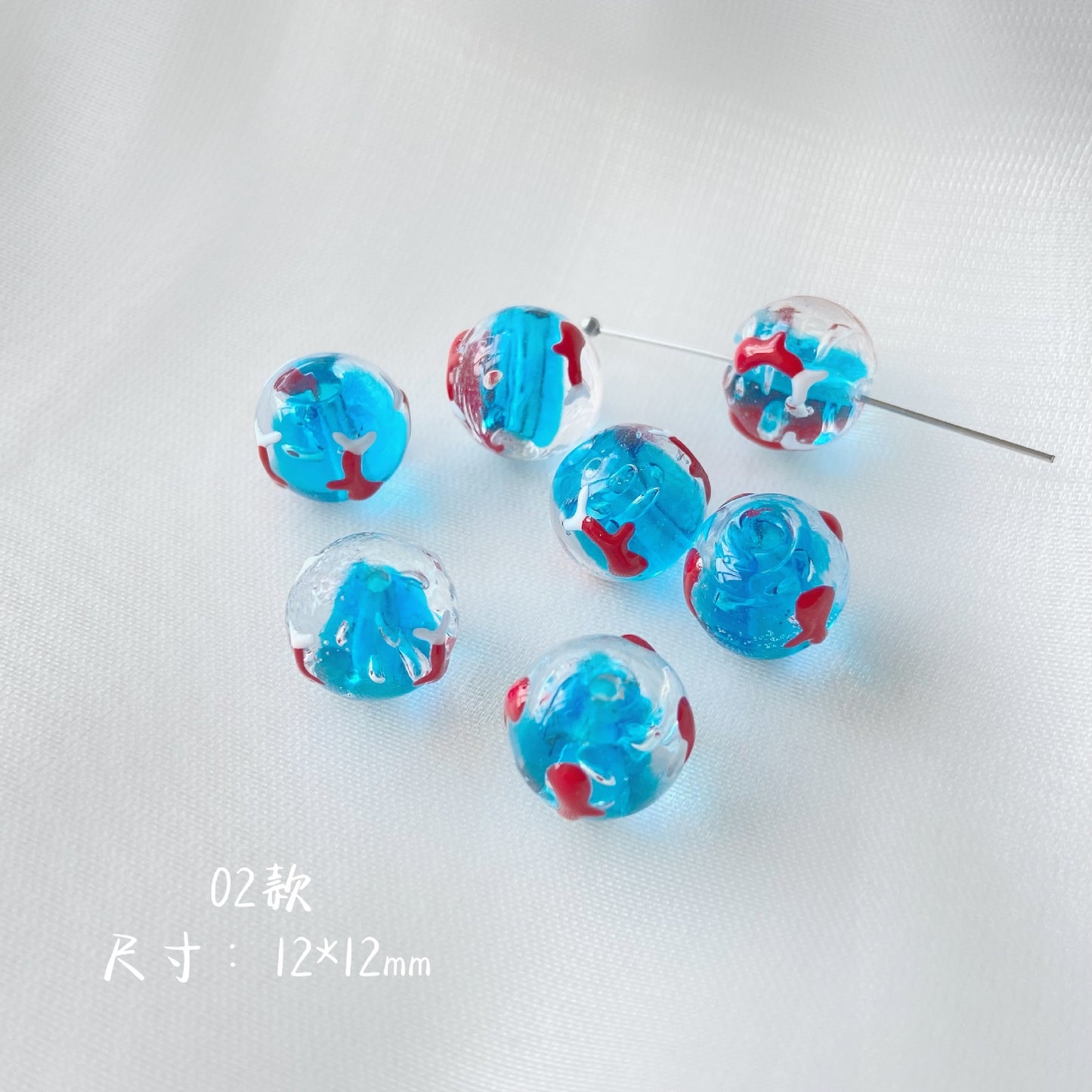 Hand Painted Ocean Blue Starfish and Goldfish Glass Beads 12mm 3pcs 4