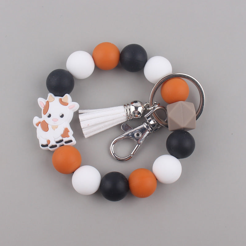 Silicone Beaded Yak Wristlet Keychain with Faux Leather Tassel 10