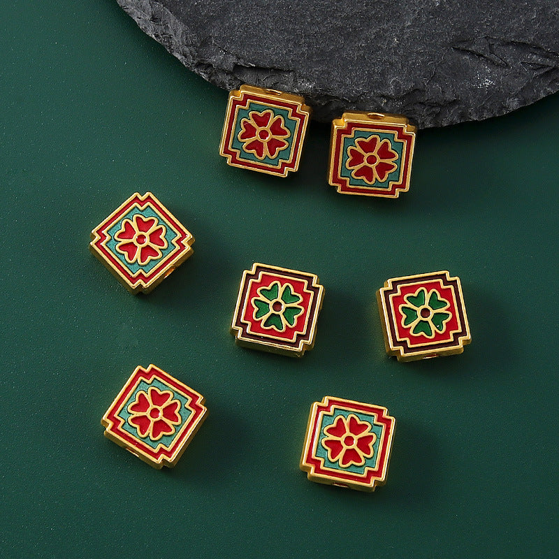 Square Metal Beads 12mm Cloisonne Red Green Enamel Clovers 10pcs 3