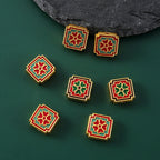 Square Metal Beads 12mm Cloisonne Red Green Enamel Clovers 10pcs 3