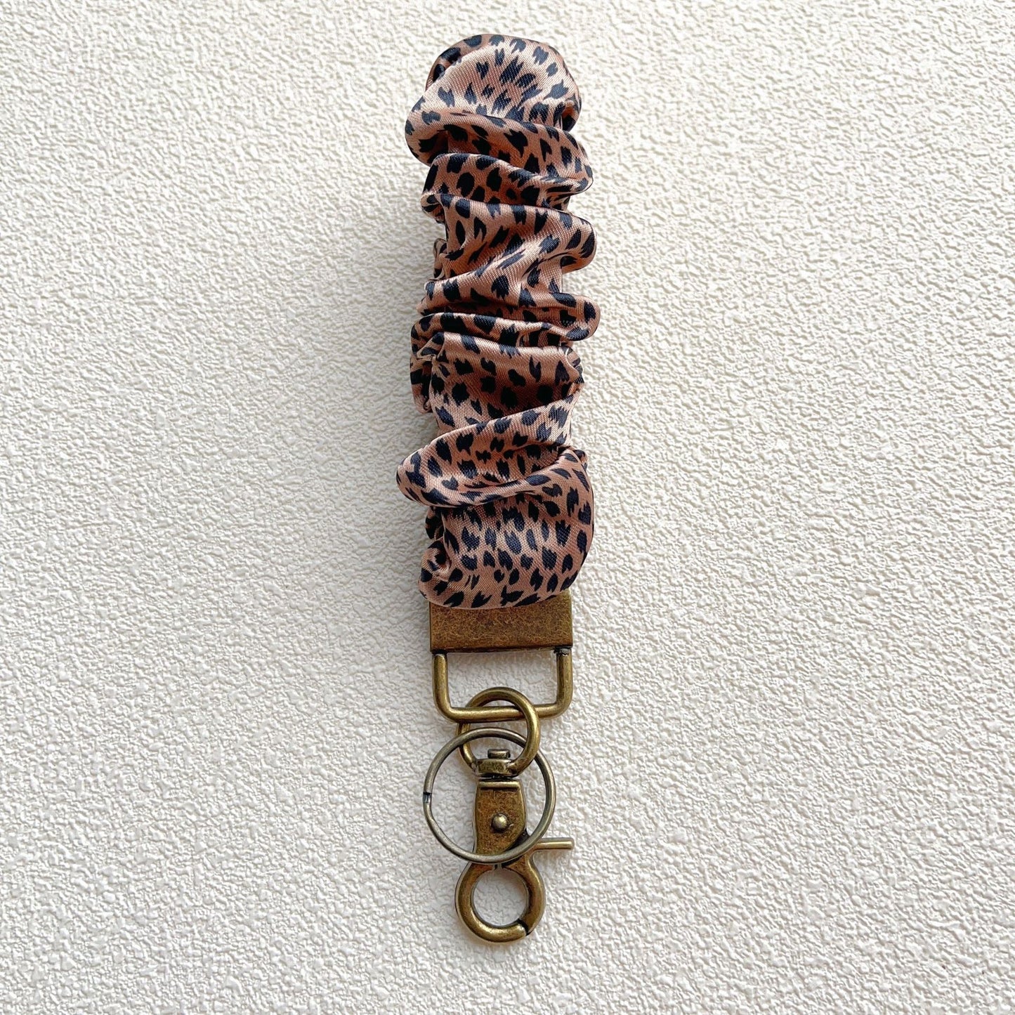 Plaid and Dotted Fabric Scrunchie Keychain with Vintage Brass Clasp 2pcs 8
