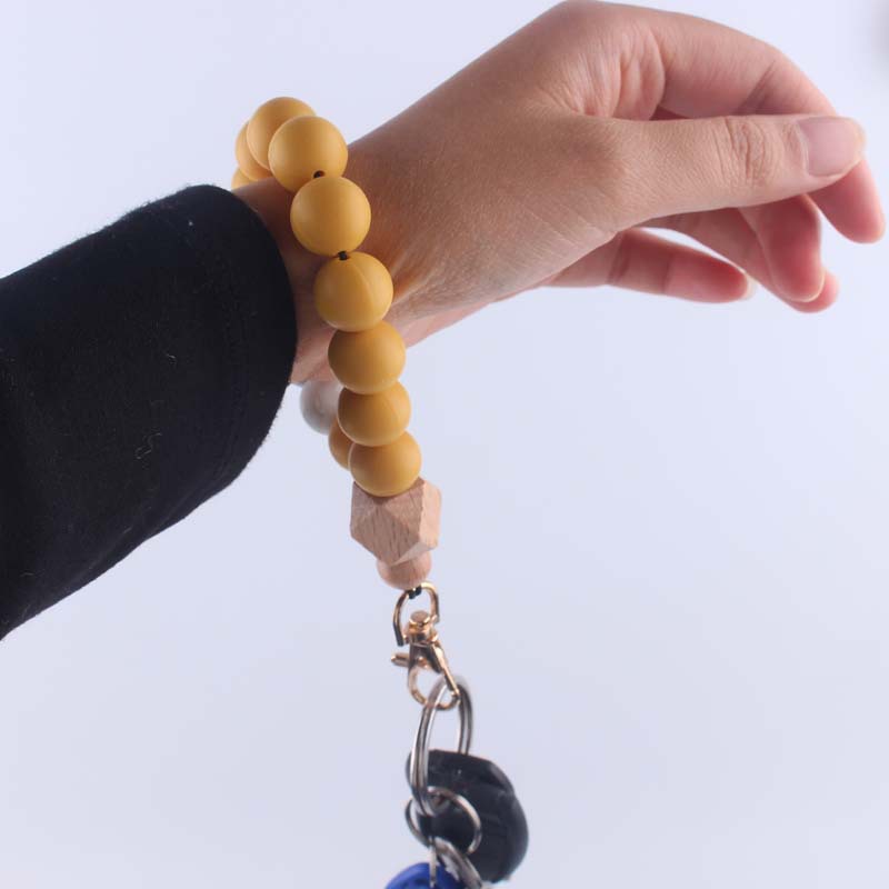 Wood Hexagon Silicone Bead Wristlet Keychain Natural Pastel Colors 3