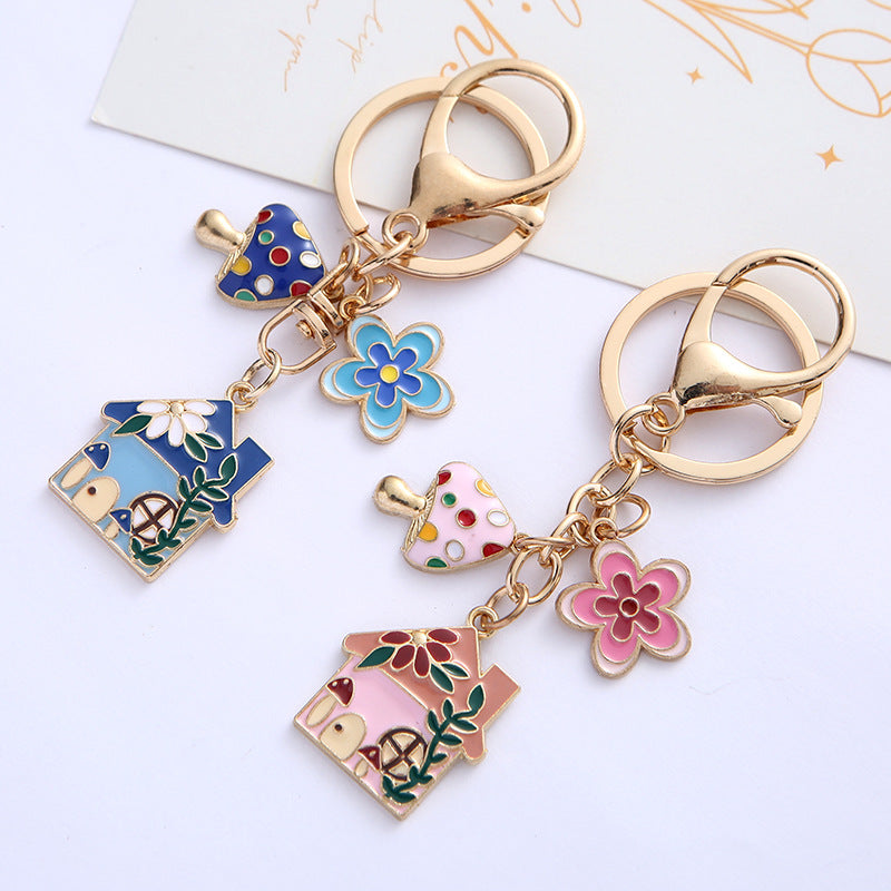 Alloy Cute House Flower Keychain Colorful Mushroom Charm 2