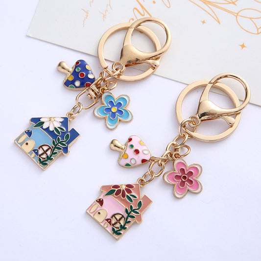 Alloy Cute House Flower Keychain Colorful Mushroom Charm 2