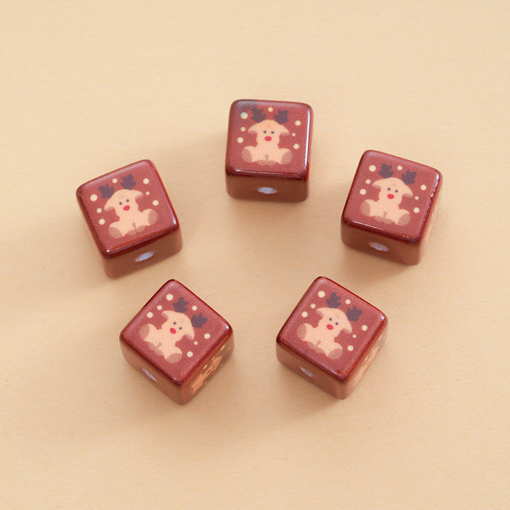 Baking Painted Christmas Square Acrylic Beads 15mm 10pcs 10