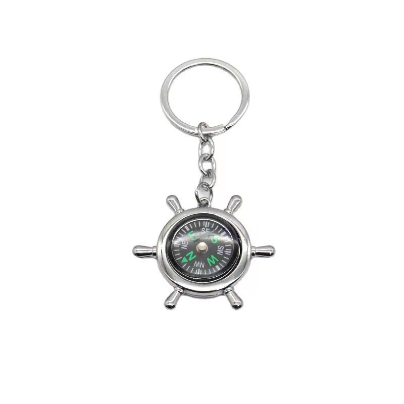 Nautical Alloy Compass Keychain with Ship Wheel Design