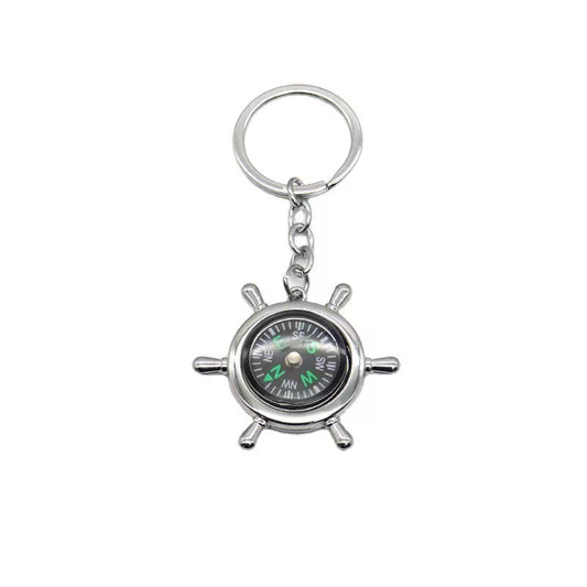 Nautical Alloy Compass Keychain with Ship Wheel Design