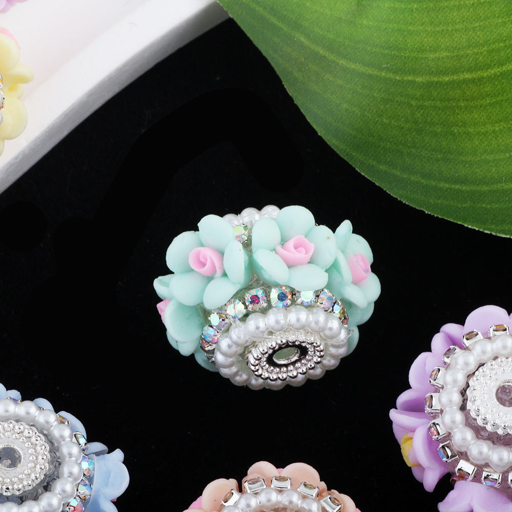 Flower Clay Beads 21mm Pastel Pearl Rhinestone Barrel 10pcs 3