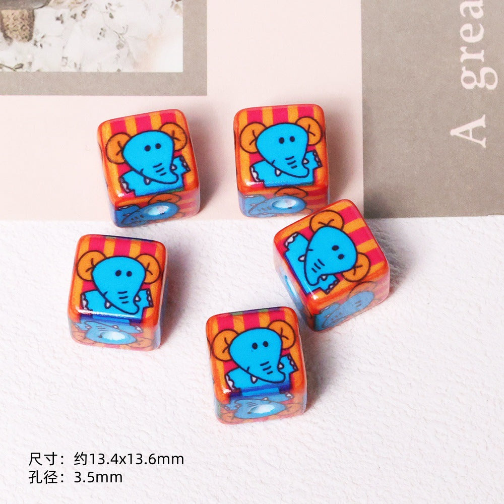 Cheerful Cartoon Animal Printed Acrylic Square Beads 13mm 20pcs 2