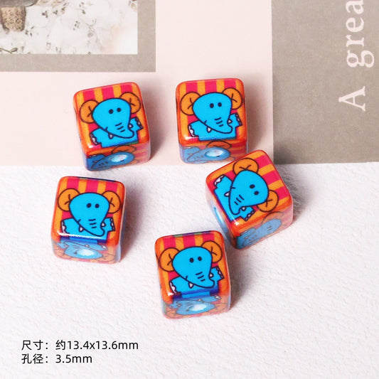 Cheerful Cartoon Animal Printed Acrylic Square Beads 13mm 20pcs 2