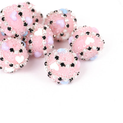 Embellished Bubblegum Beads 16mm Heart Embedded Rhinestone 10pcs 12