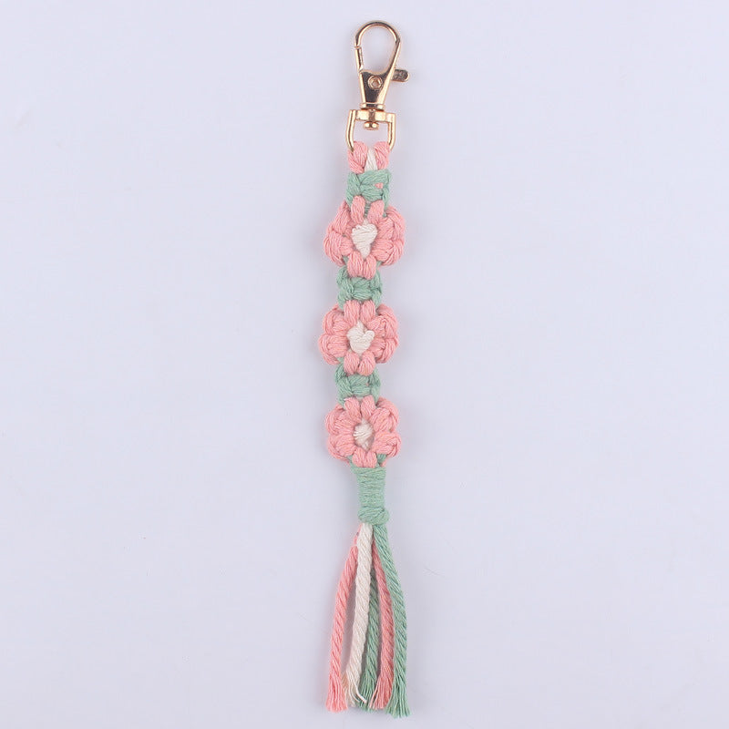 Handmade Woven Flower Keychain Cotton Polyester Gold Clasp 4