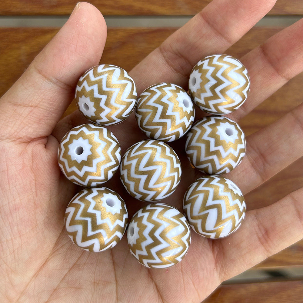Printed Bubblegum Beads 20mm Gold Wavy Striped Round 10pcs