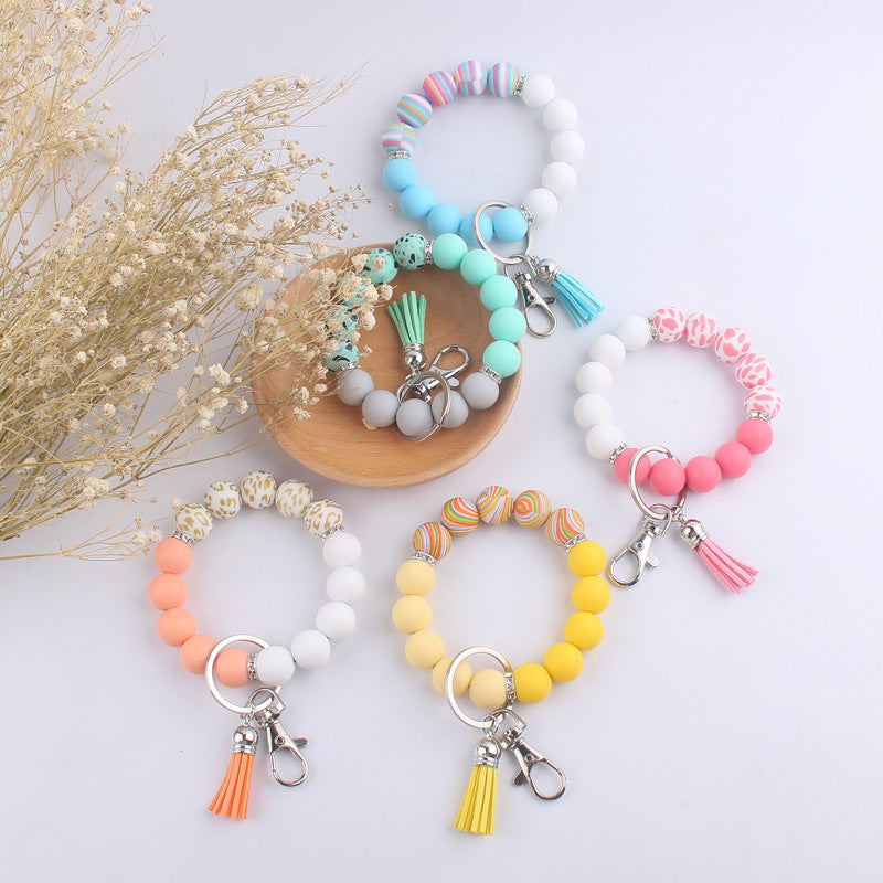Tassel Leopard Print Silicone Bead Wristlet Keychain Soft Matte 2