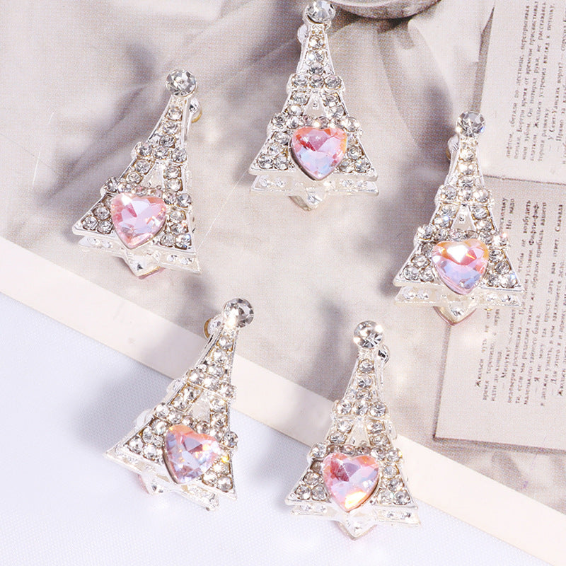 Pave Eiffel Tower Rhinestone Beads 22mm Alloy Heart Gem 2pcs 6