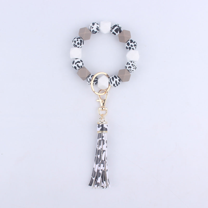 Leopard Print Silicone Bead Tassel Wristlet Keychain 12