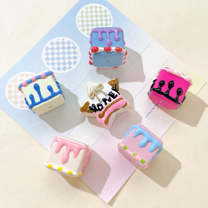 Painted Square Acrylic Beads 2.7mm Hand Drawn Cream Cake Design 4