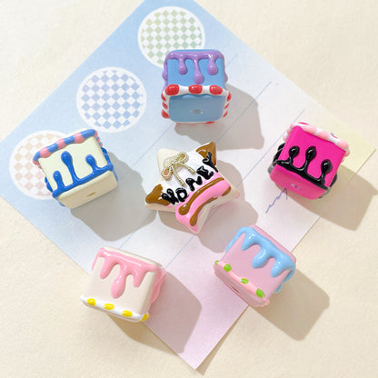 Painted Square Acrylic Beads 2.7mm Hand Drawn Cream Cake Design 4