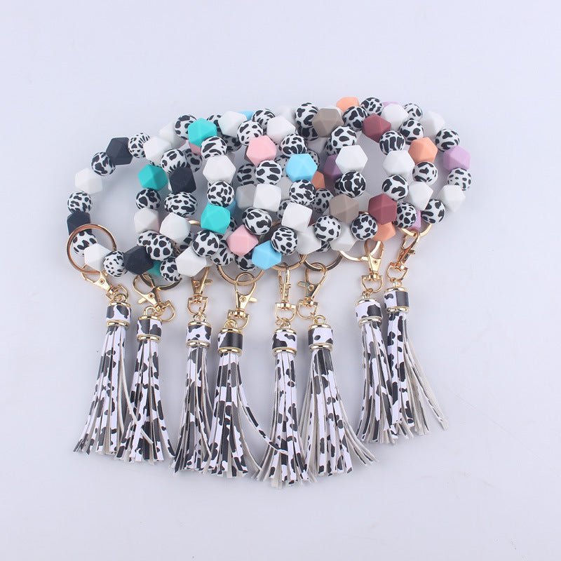 Leopard Print Silicone Bead Tassel Wristlet Keychain 2