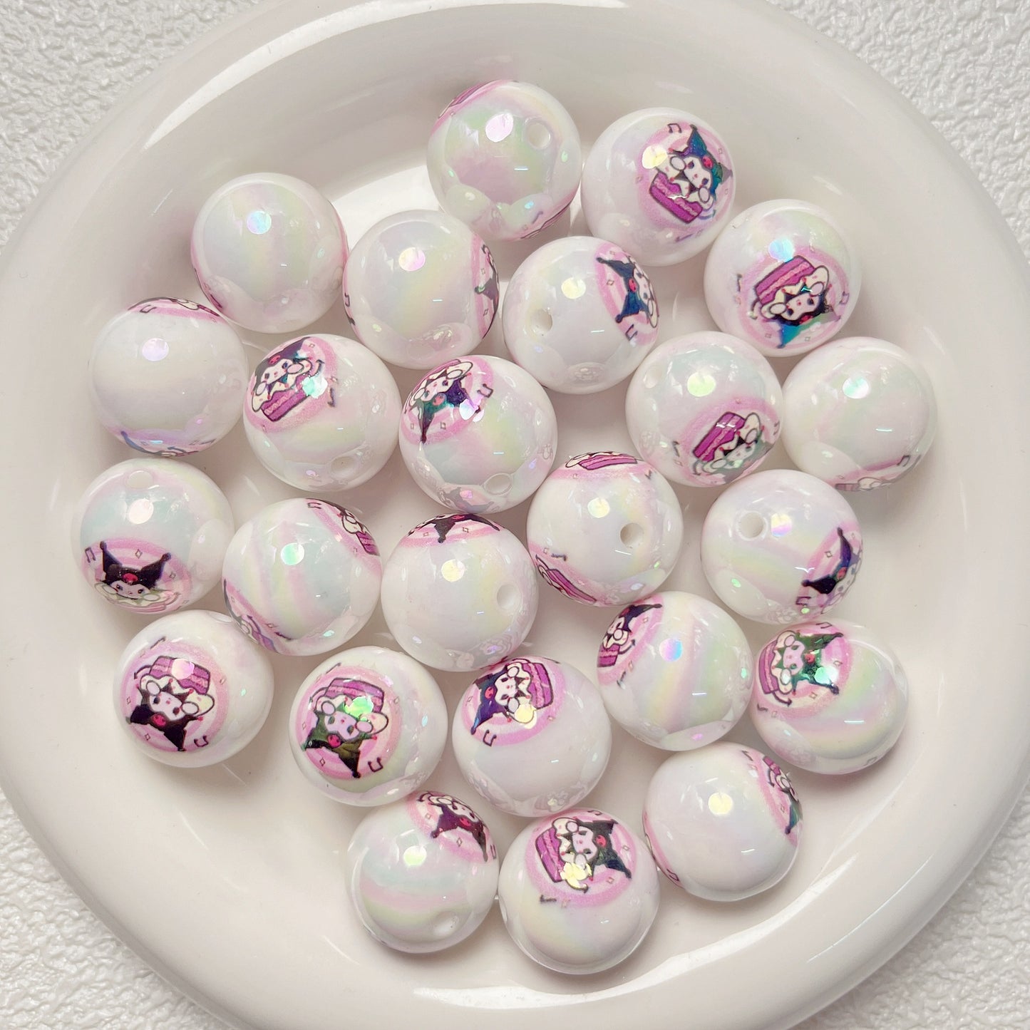 Plated Bubblegum Beads 19mm White Iridescent Sanri Character Prints 5pcs 7