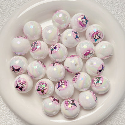 Plated Bubblegum Beads 19mm White Iridescent Sanri Character Prints 5pcs 7