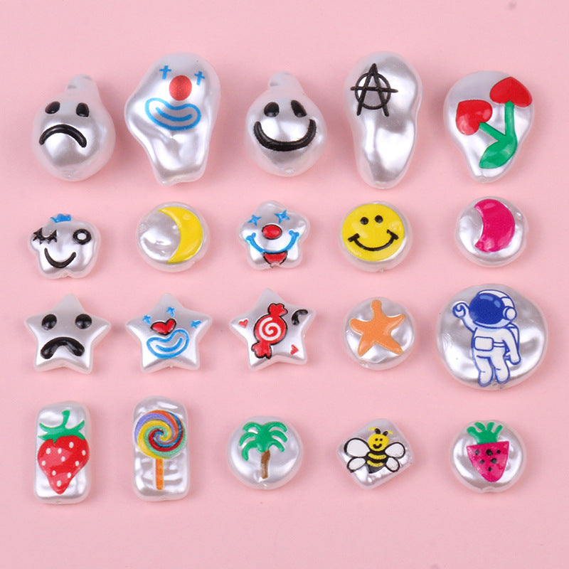 Hand Painted Cartoon Pattern Pearlized Acrylic Beads ABS Plastic 10pcs
