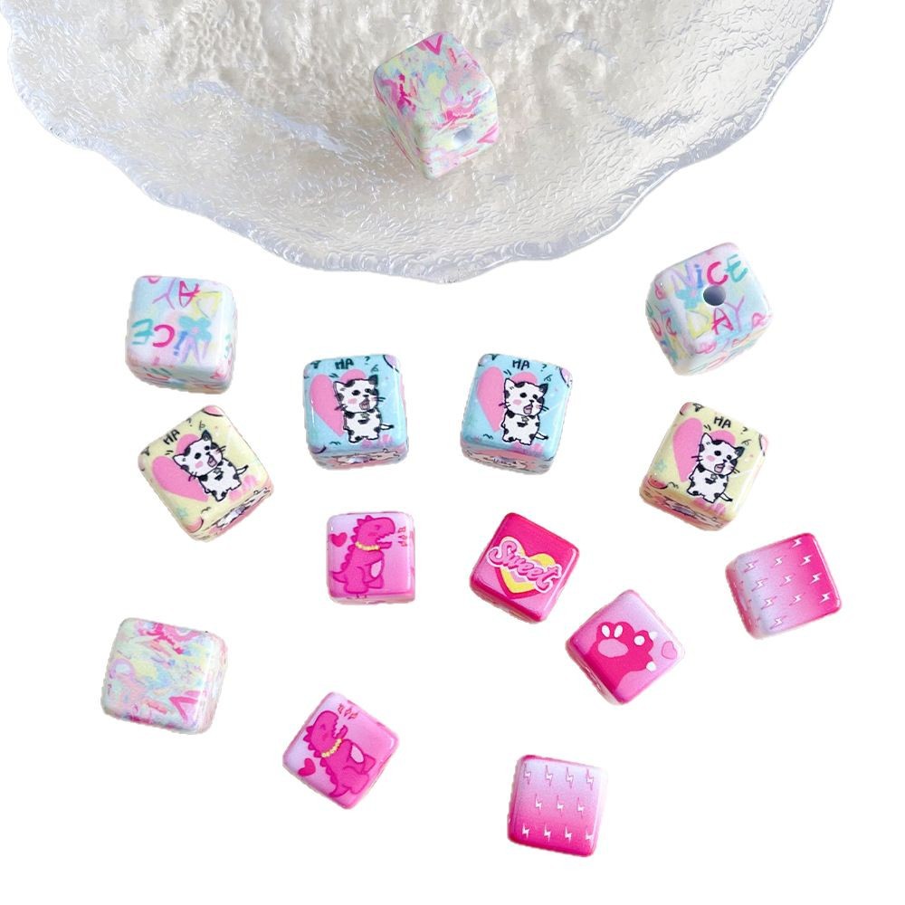 Printed Square Acrylic Beads 14-15mm Dinosaur Cat Graffiti 50pcs 5
