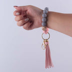 Silicone Beaded Wristlet Keychain with Leather PU Tassel in Pastel Colors 4