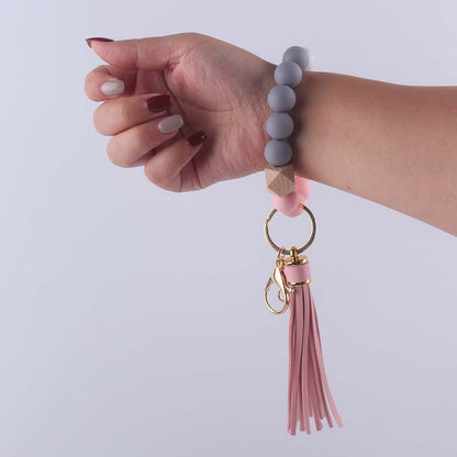 Silicone Beaded Wristlet Keychain with Leather PU Tassel in Pastel Colors 4