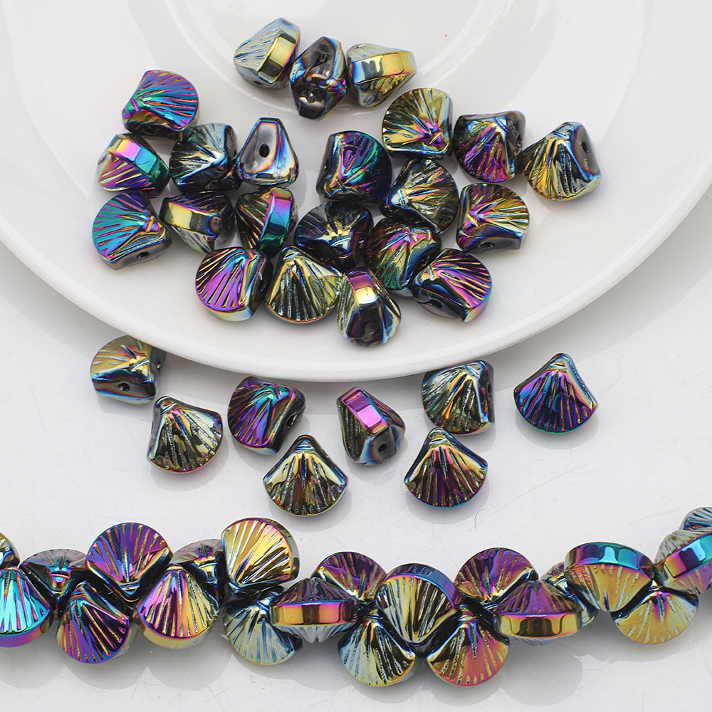 Electroplated Shell Glass Beads 10mm Glossy Ridged Surface 60pcs 12
