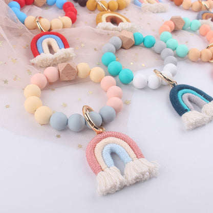 Rainbow Tassel Silicone Bead Wristlet Keychain Pastel Colors 3