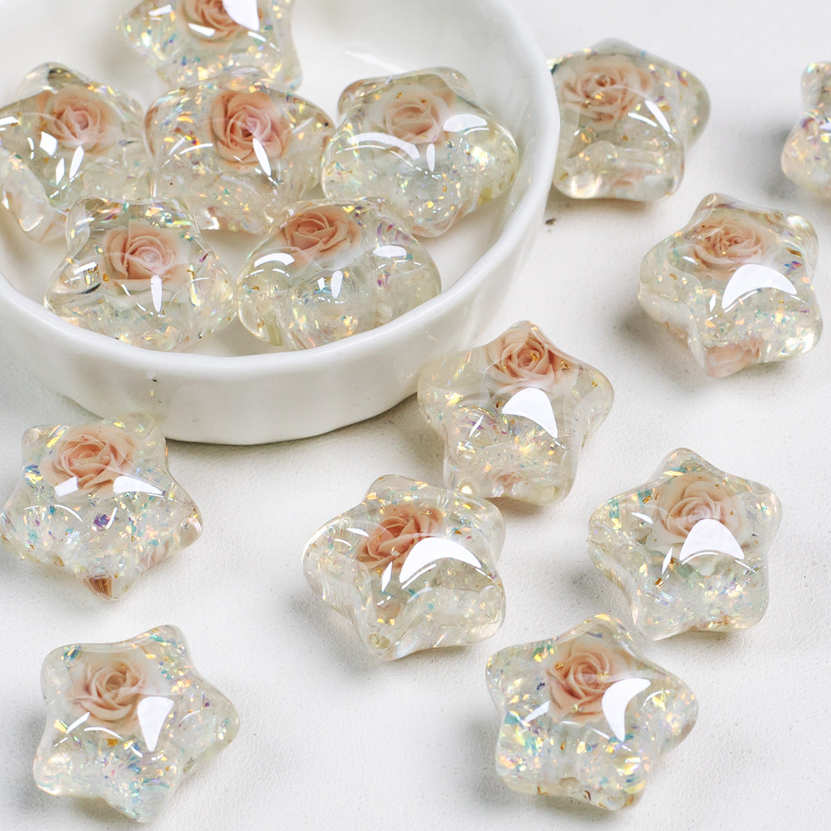 Glitter Rose Star Resin Beads 22mm Sparkle Mixed Colors 10pcs 14