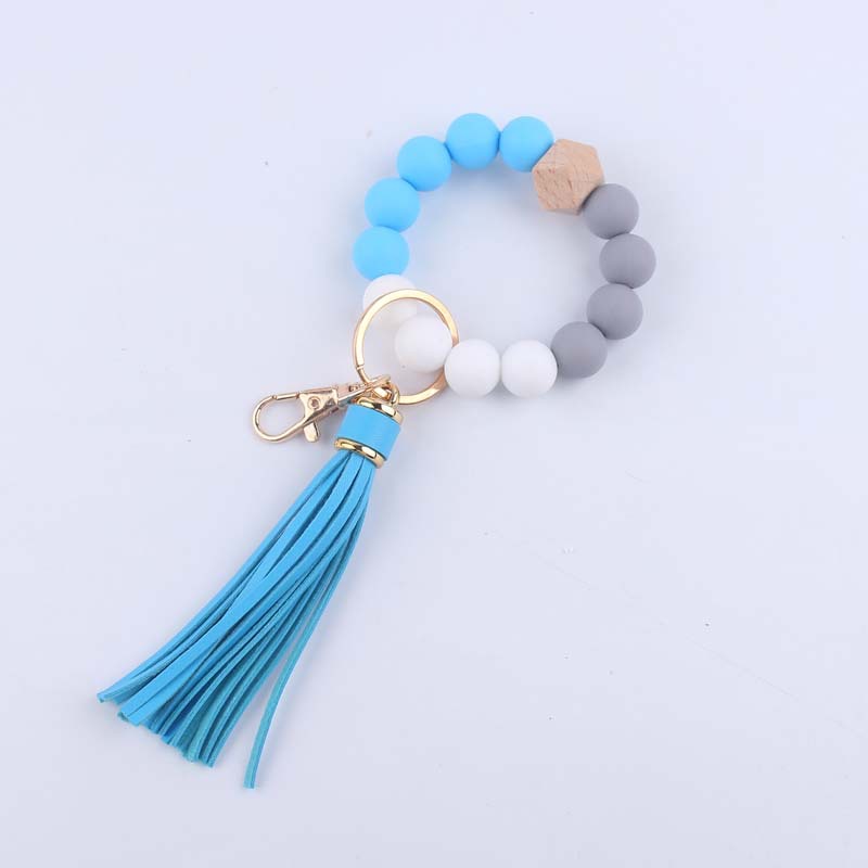 Octagonal Silicone Bead Wristlet Keychain Matte Beech Wood Tassel 10