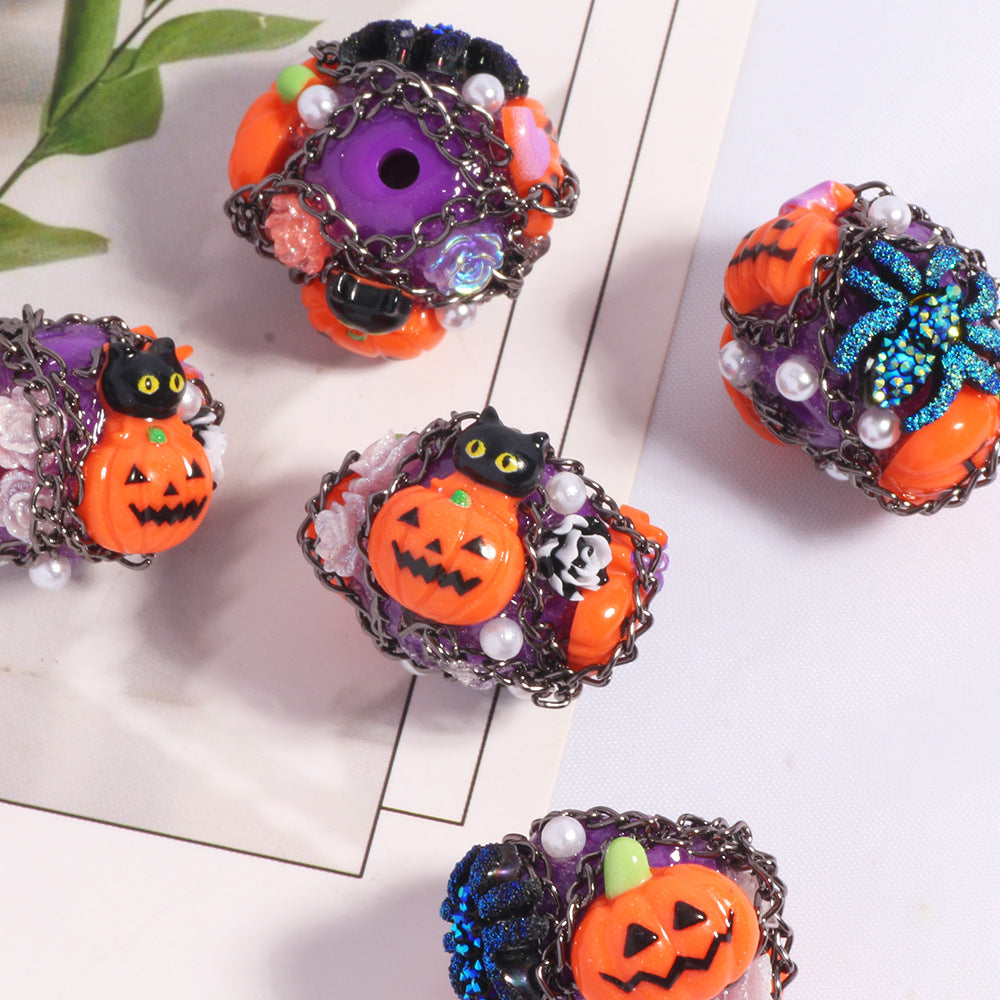 Embellished Halloween Clay Beads 28mm Pumpkin Spider Cat 5pcs 8