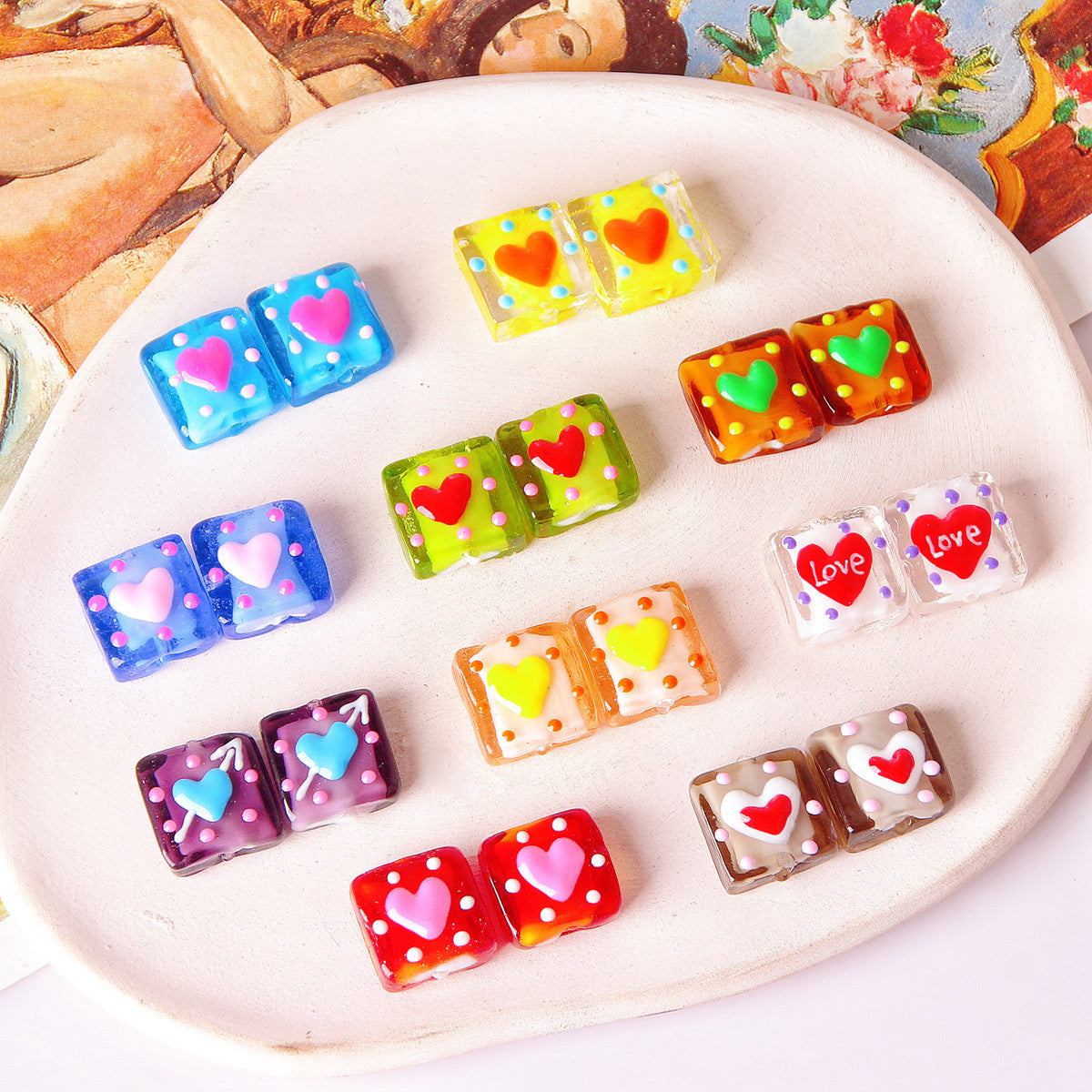 Lampwork Glass Beads Square 15mm Hand Painted Dotted Heart 10pcs