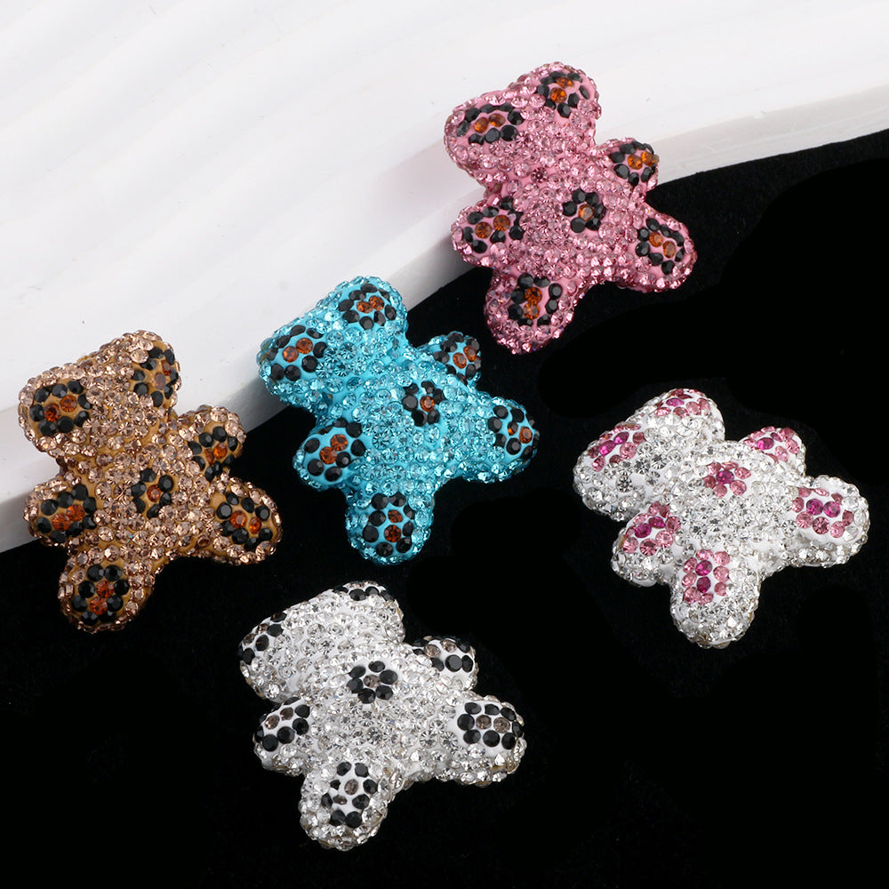Polymer Clay Bear Rhinestone Beads 30mm Leopard Print Chunky 6pcs 3