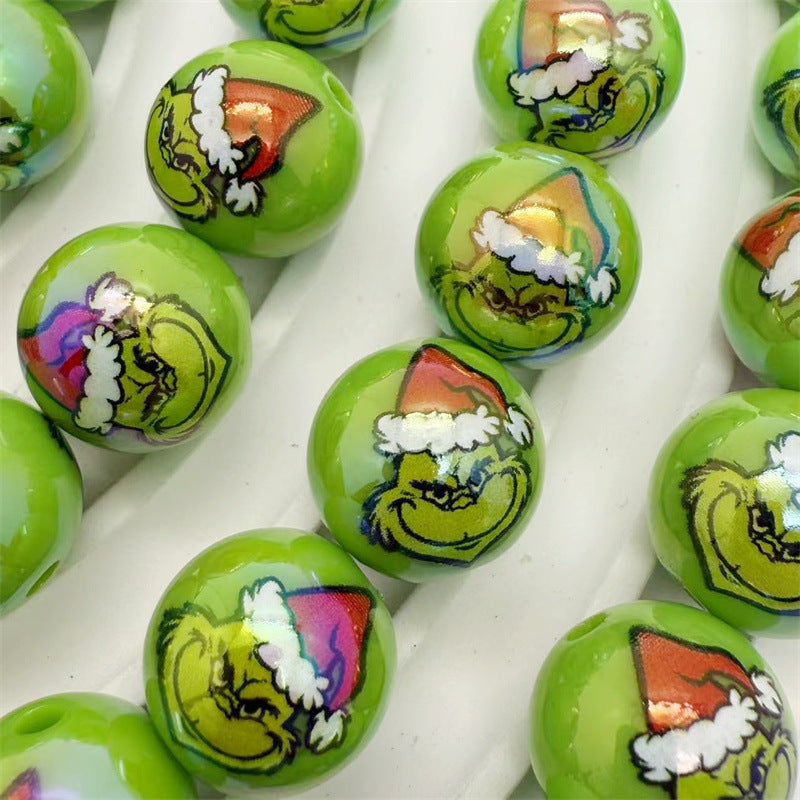 UV Plating Round Acrylic Beads 16mm Christmas Grinch 100pcs 4